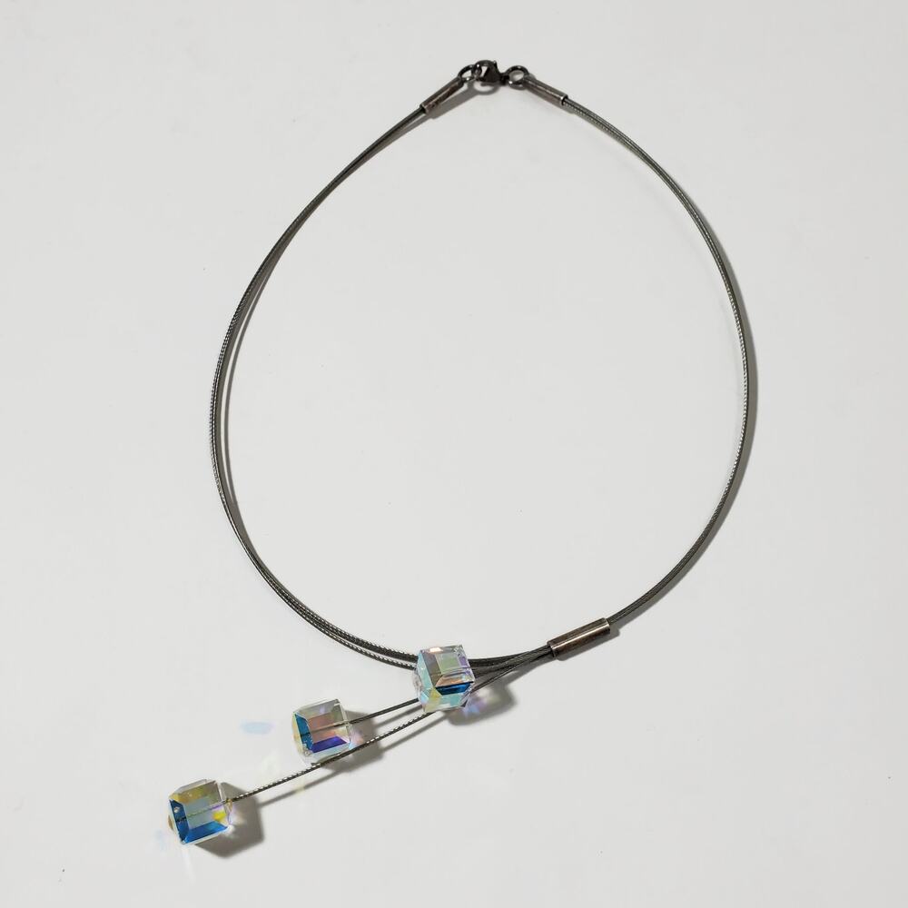 Aurora Borealis Cube Bead Floating Cable Necklace Sterling Silver Clasp